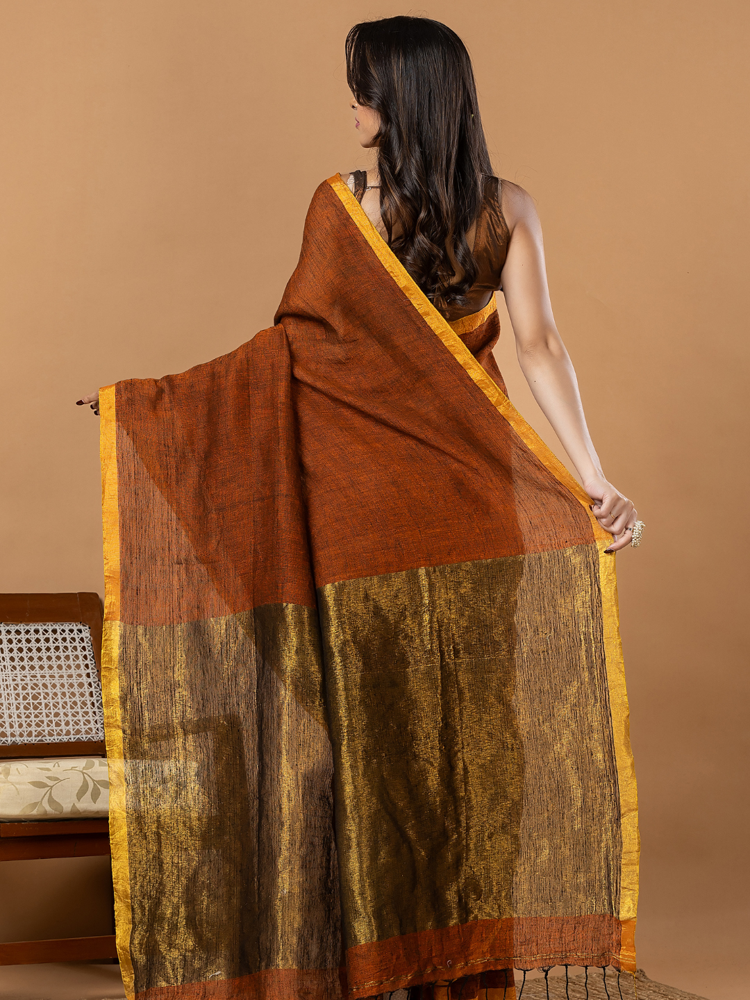 Pure Handloom Linen Saree | Rust Brown