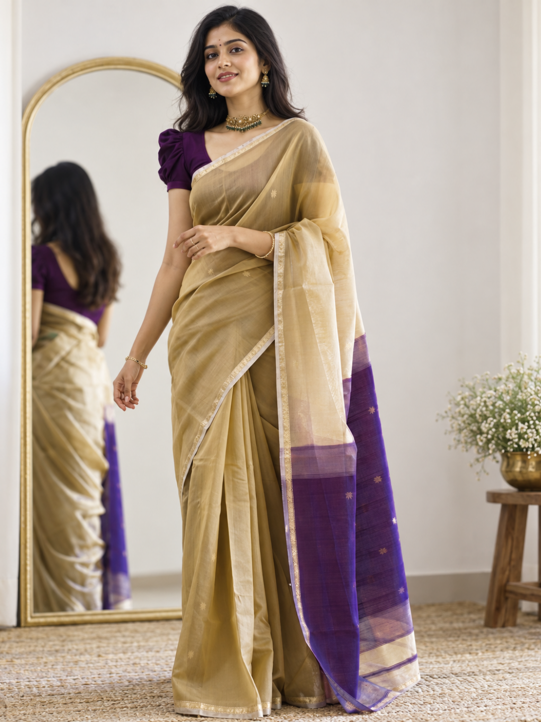 Maheshwari Silk Cotton Saree – Festive Elegance | Gold Beige