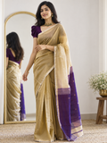 Maheshwari Silk Cotton Saree – Festive Elegance | Gold Beige