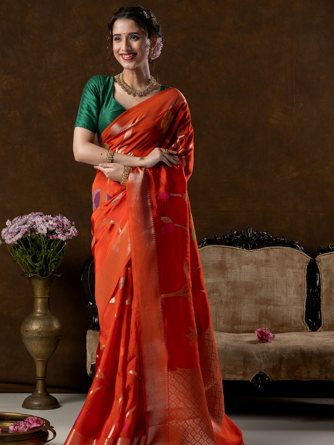 Classic Benarasi Semi Silk Saree | Bright Orange