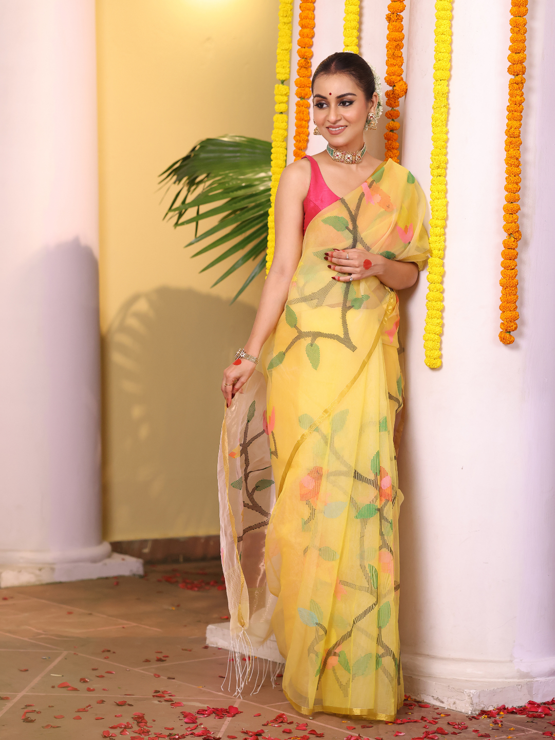 Tissue Muslin Jamdani Saree With Golden Yellow - 108