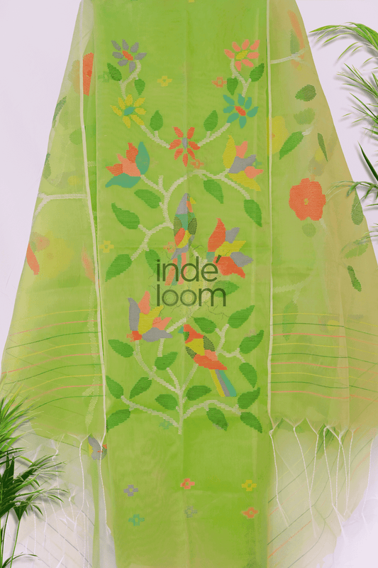 Handwoven Jamdani Muslin Unstitched 2-piece Kurti  |  Lime Green