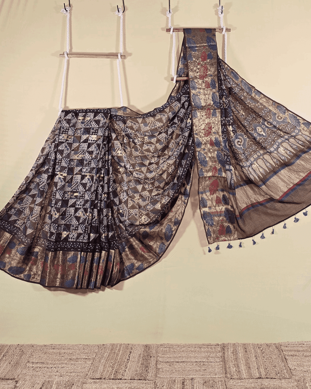 Ajrakh Exclusive designer Chanderi Saree with Floral Zari border - 029 - indeloom