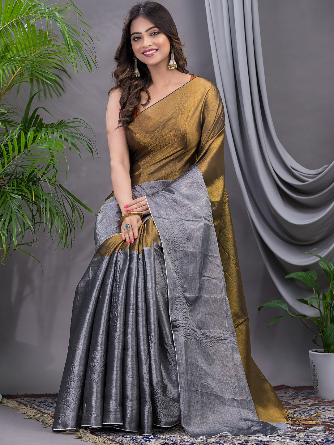 Tissue Silk Saree With Olive Green - 009