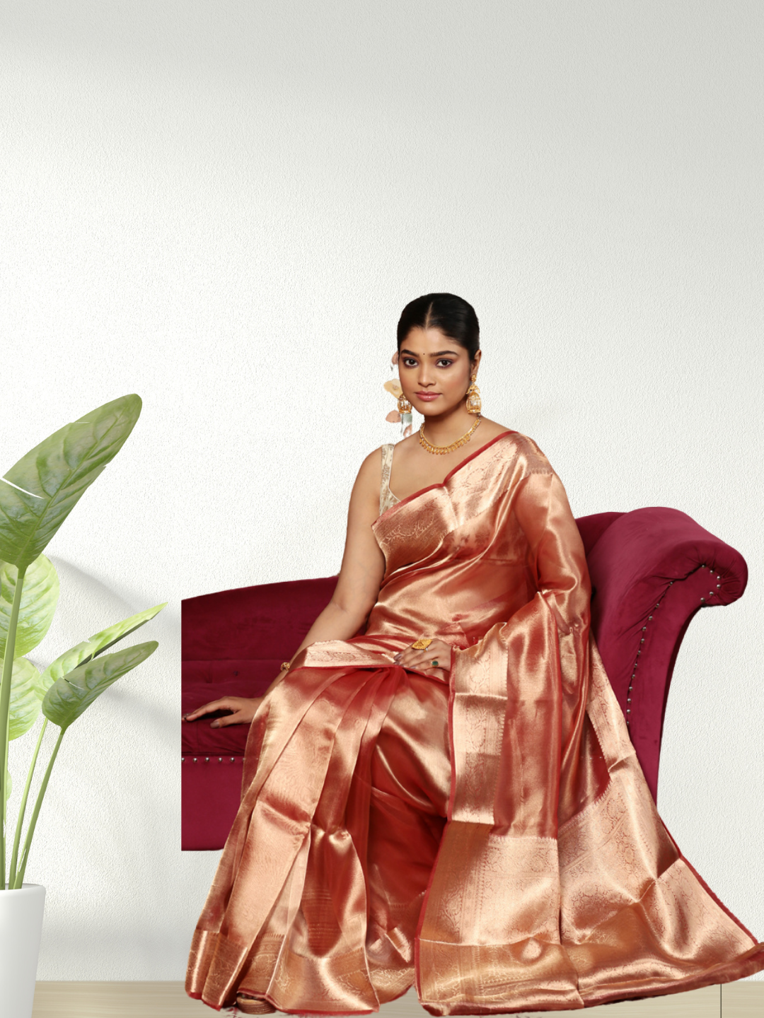 Tissue Silk Saree In Shaded Golden Pink - 005