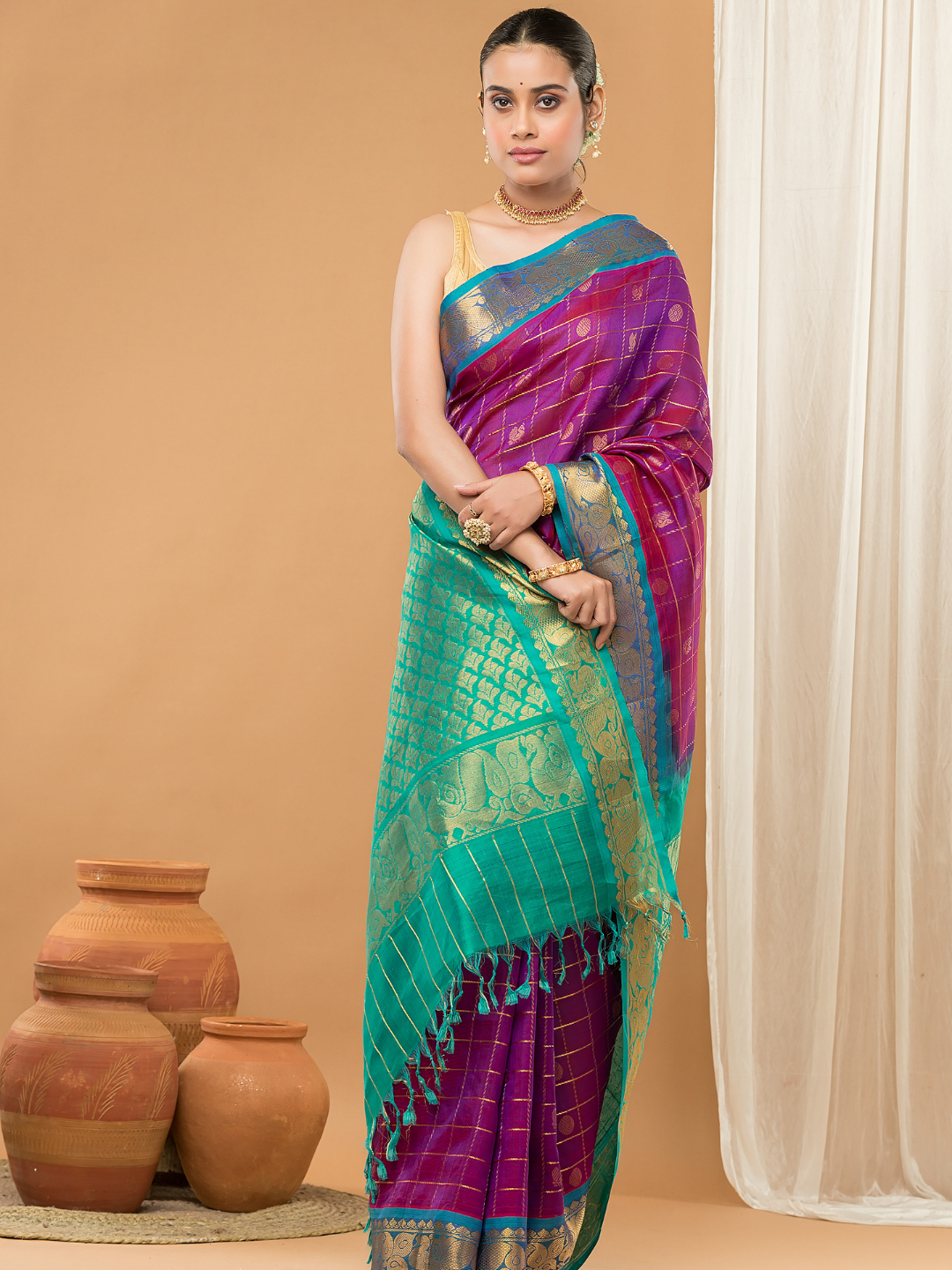 Pure Handloom Korvai Saree | Orchid Purple Cyan Blue