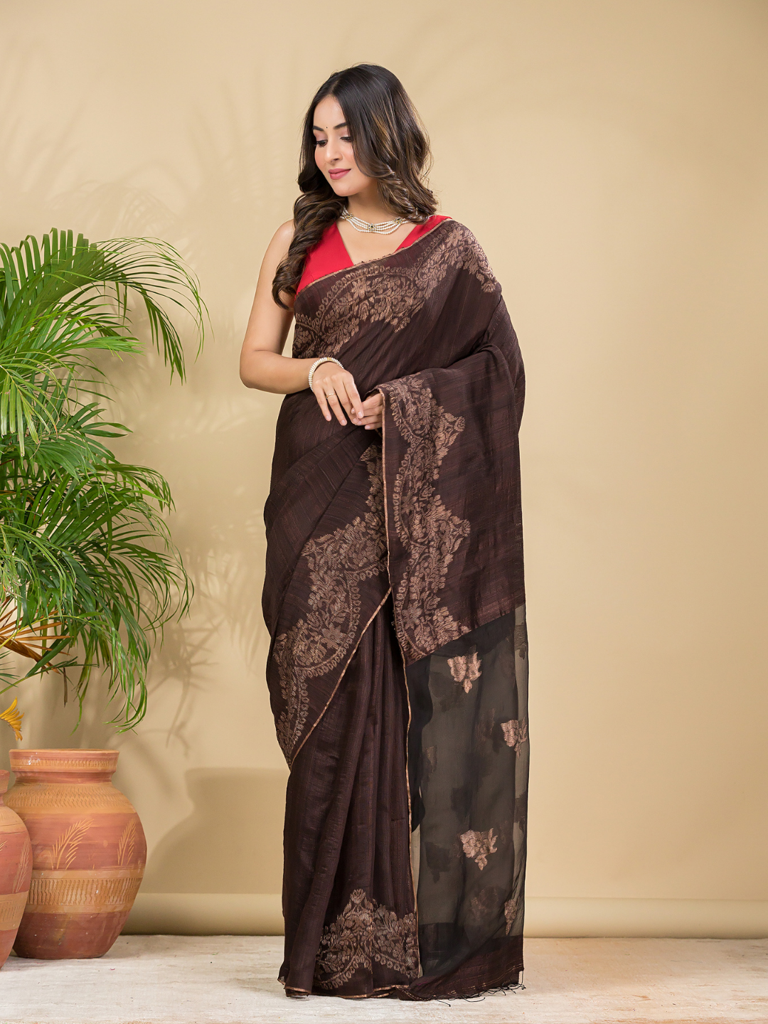 Matka Silk Jamdani Saree With Dark Brown - 022