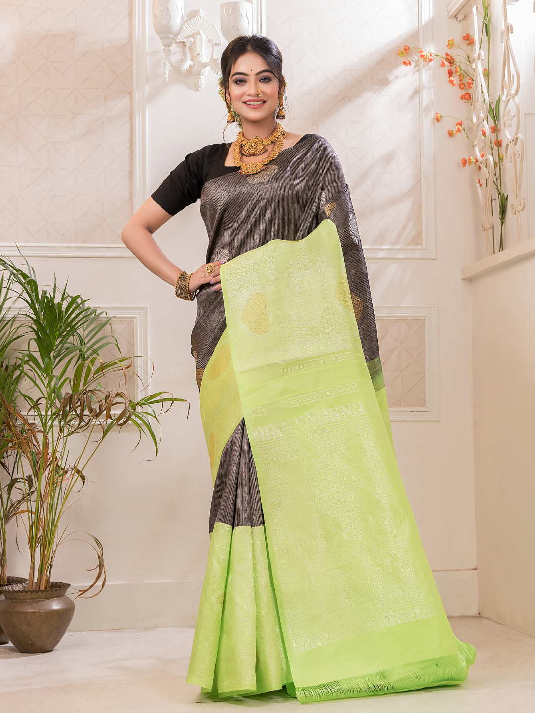 Tamasa  -  Smoky black silk with antique gold zari pallu