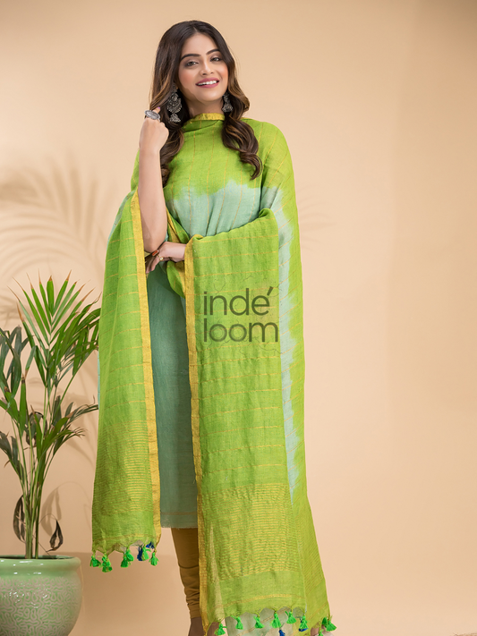 Soft Leaf Green | Handloom Jamdani Linen Unstitched 2-Piece Kurti | Ombre Design