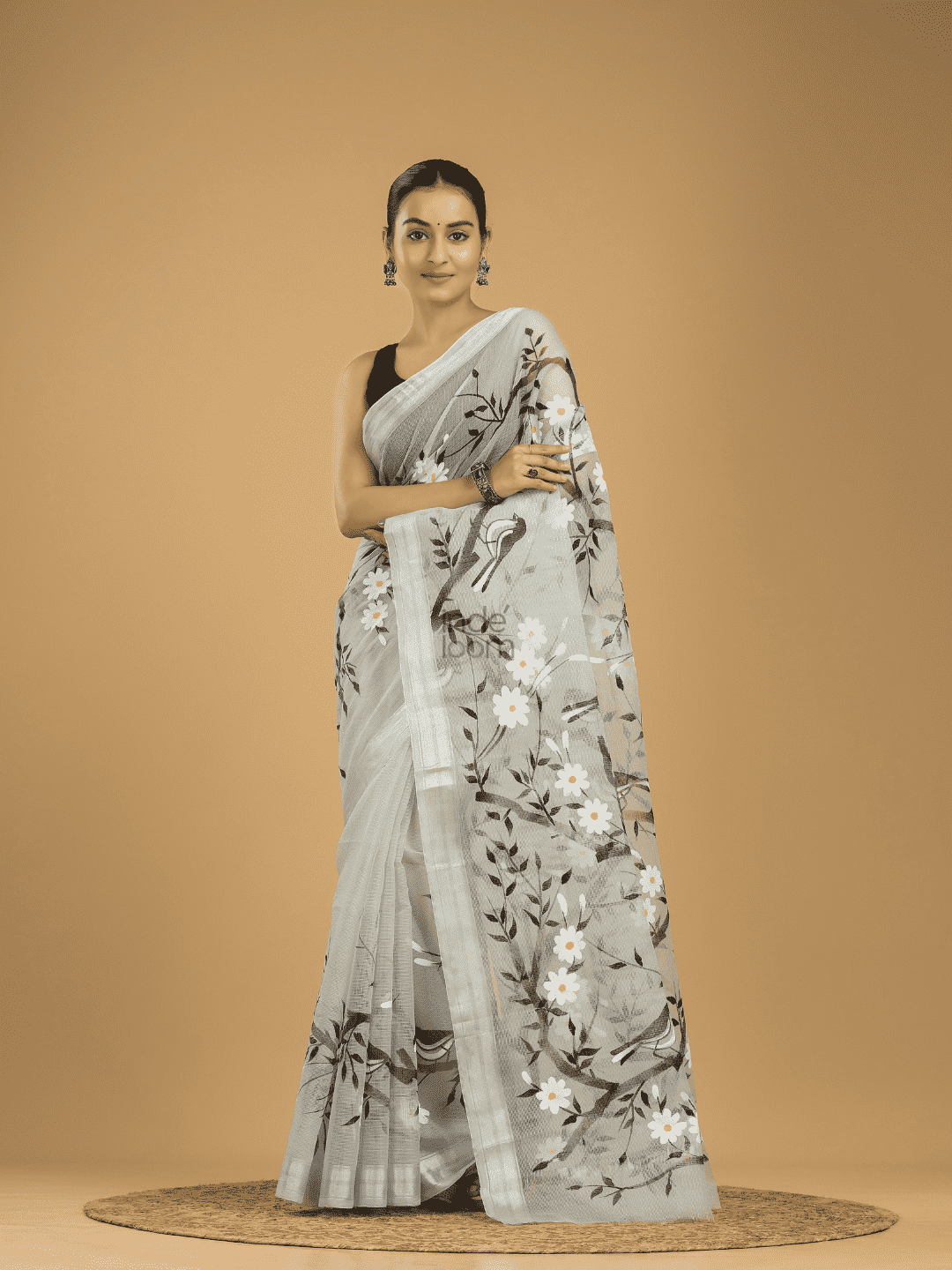 Kota Doria Handpainted Saree With Space Black - 002 - indeloom