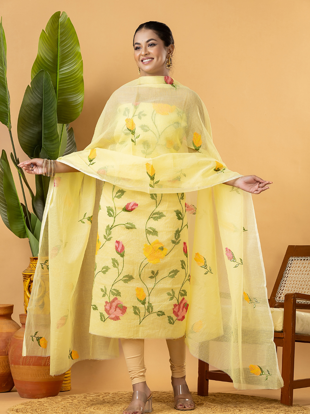 Classic Kota Doria Cotton Unstitched 2-Piece Kurti | Lemon Yellow