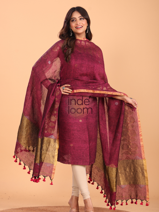 Maroon Linen Jamdani 2-Piece Set Kurti & Dupatta (UNSTITCHED) - 068