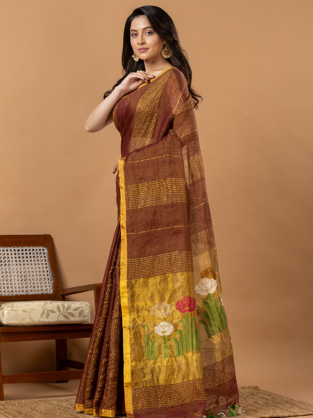 Handwoven Jamdani Silk Tissue Linen Saree | Copper Brown