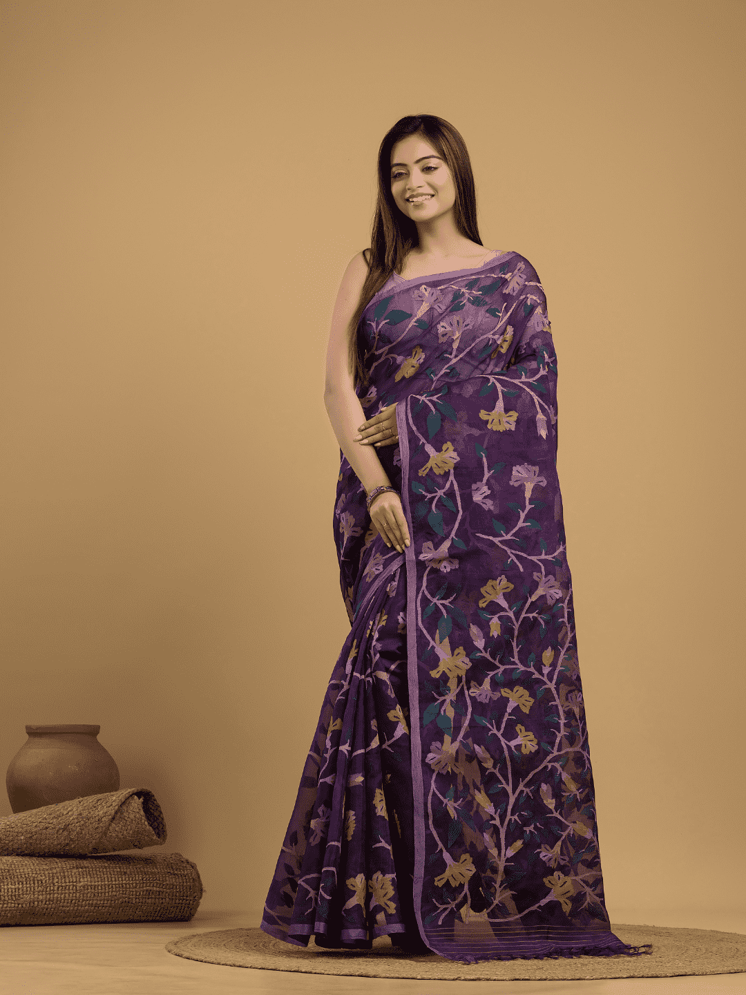 Hand Made Jamdani Saree With  Royal Purple - 036