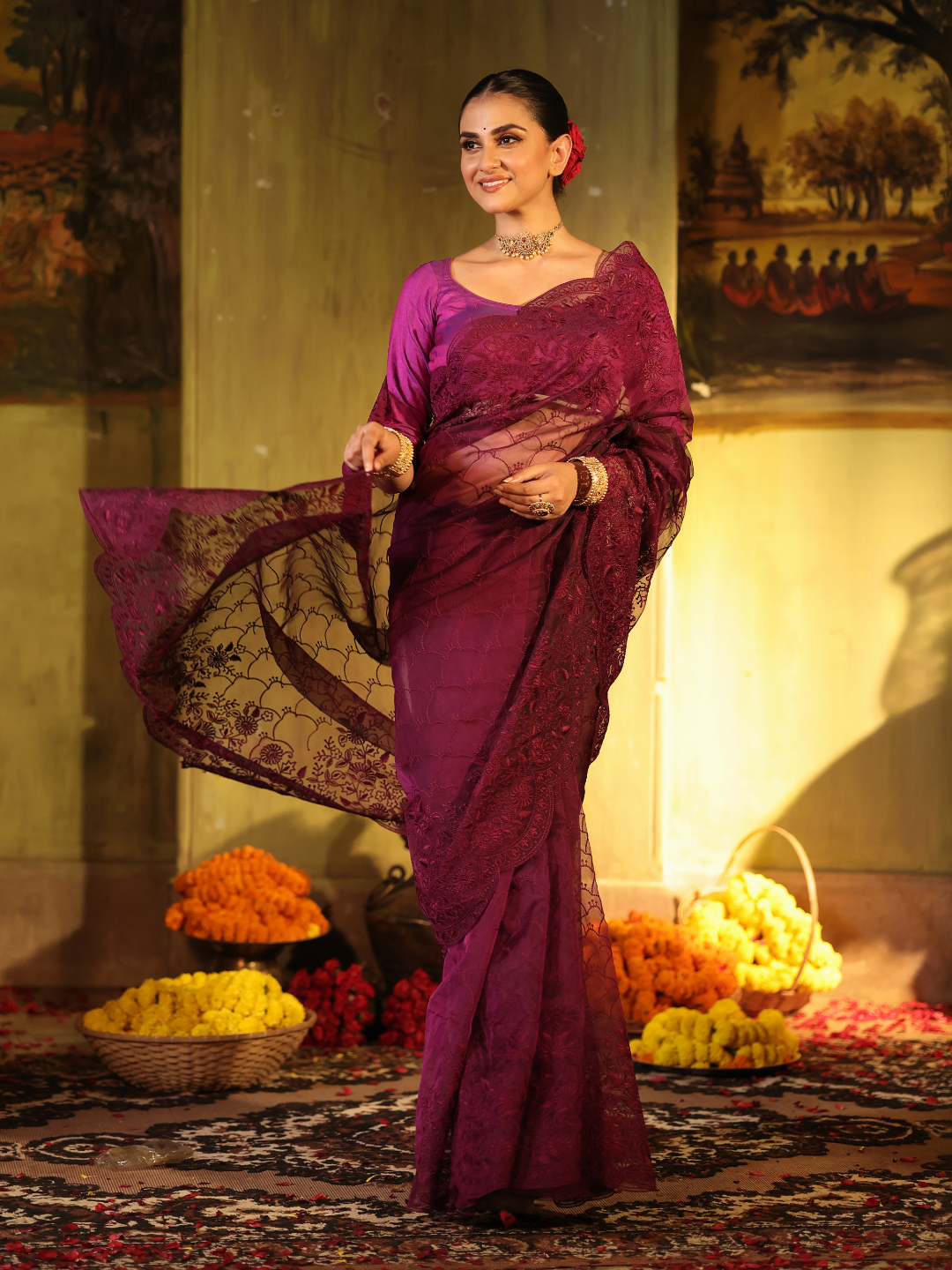 Organza Embroidery Saree With Magenta - 001