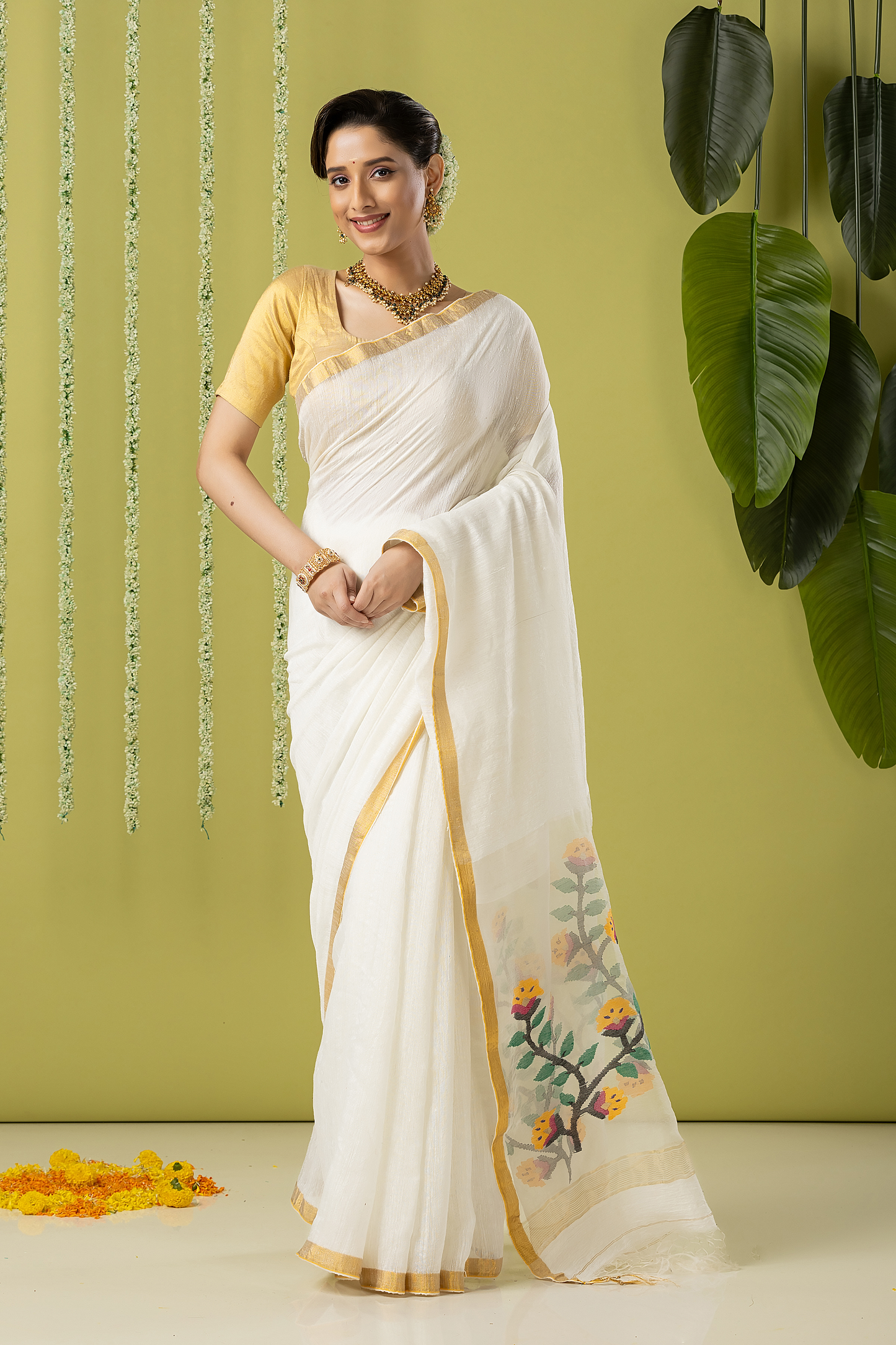 Handwoven Jamdani Muslin Saree | White | Plain Body with All-over Jamdani weaves