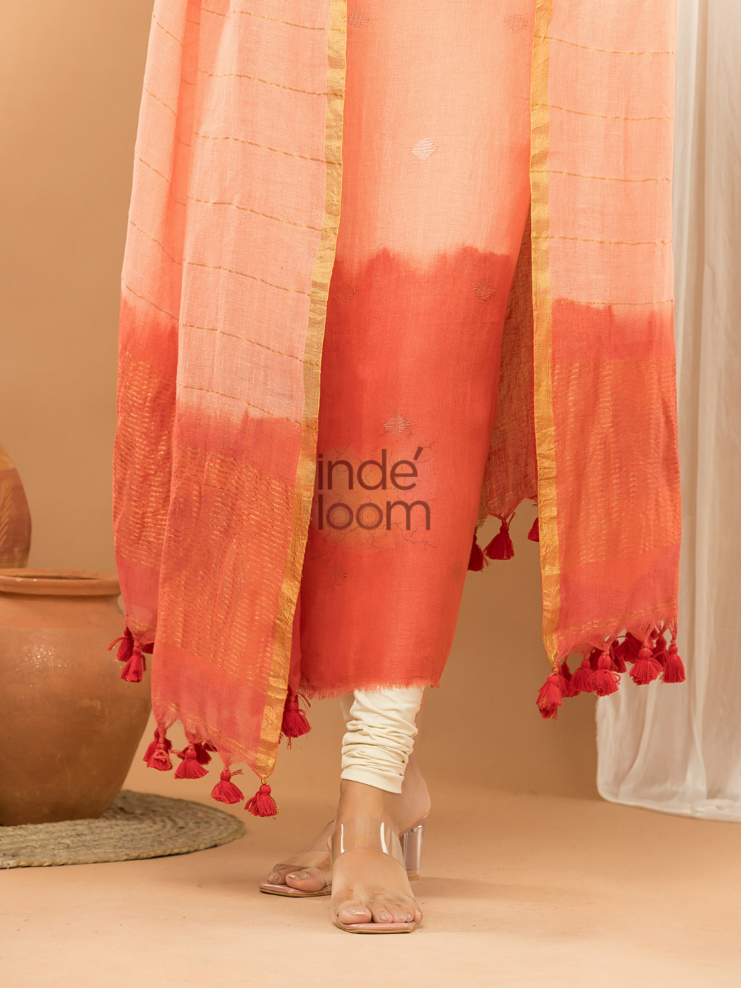 Coral Orange Jamdani 2-Piece Set Kurti & Dupatta (UNSTITCHED) - 140