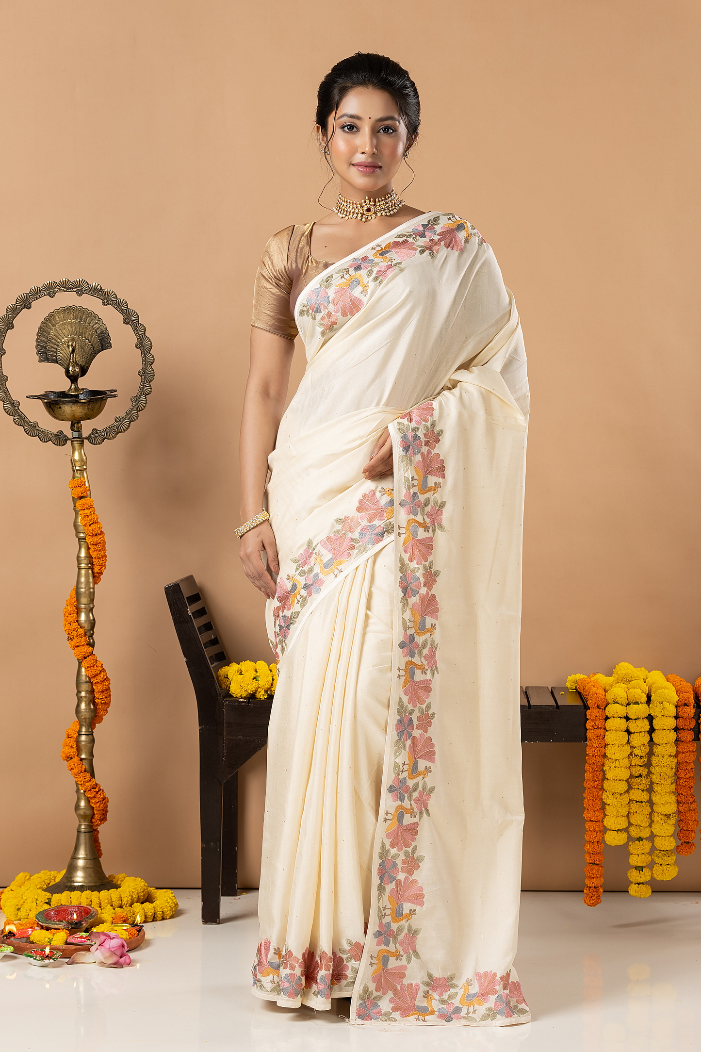 Fancy Semi Silk Saree | White | Plain Body with Floral border