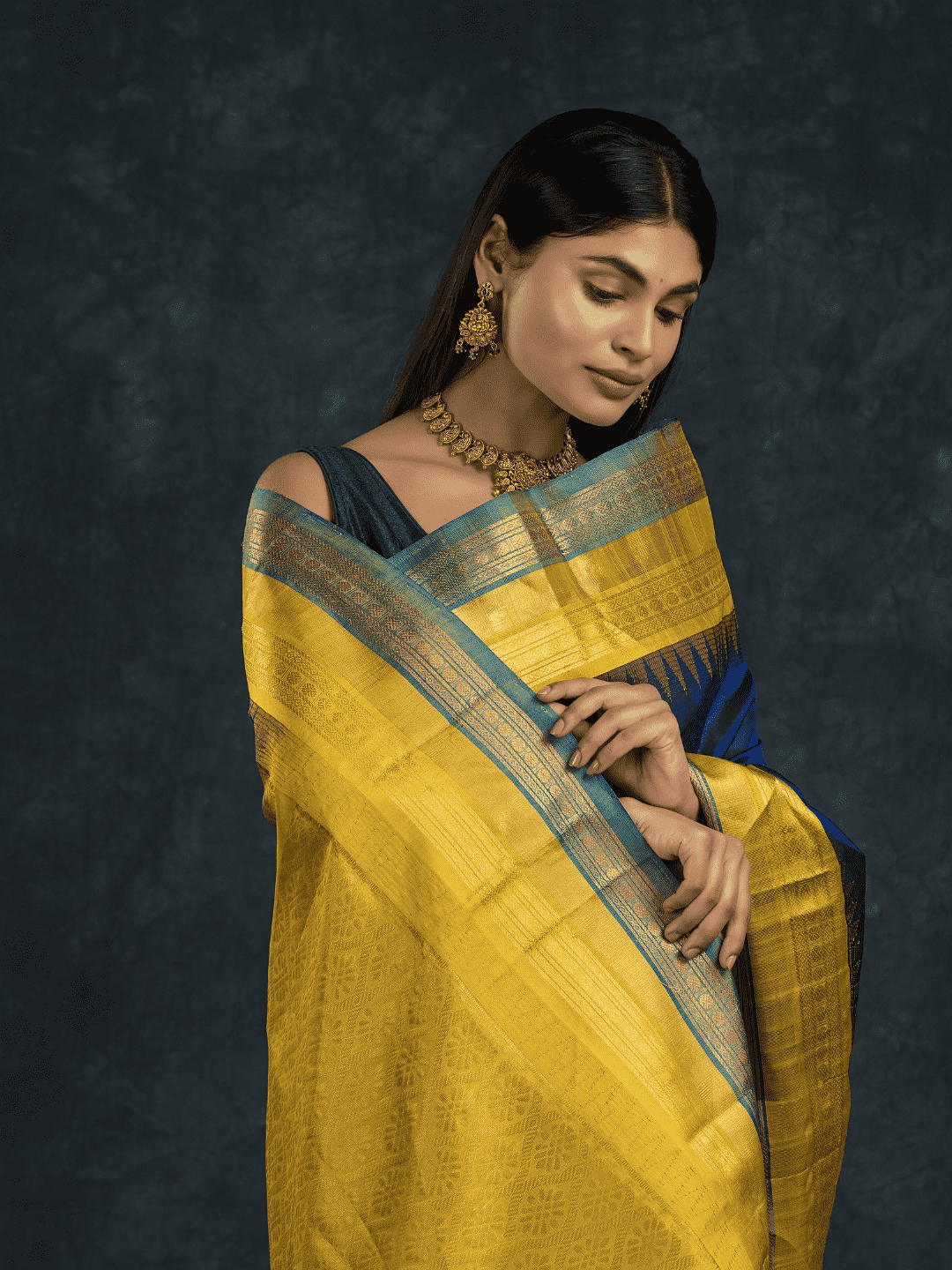 Pure Handloom Korvai Saree | Regal Blue and bright Yellow