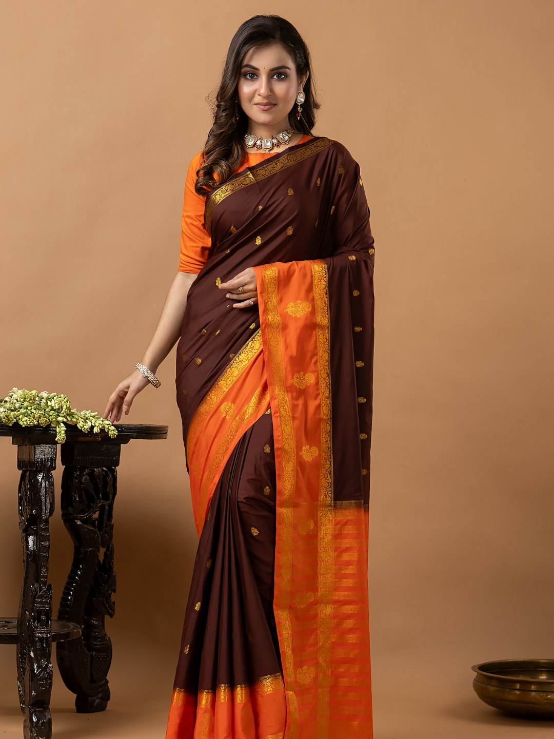Classic Mysore Semi Silk Saree | Chocolate Brown