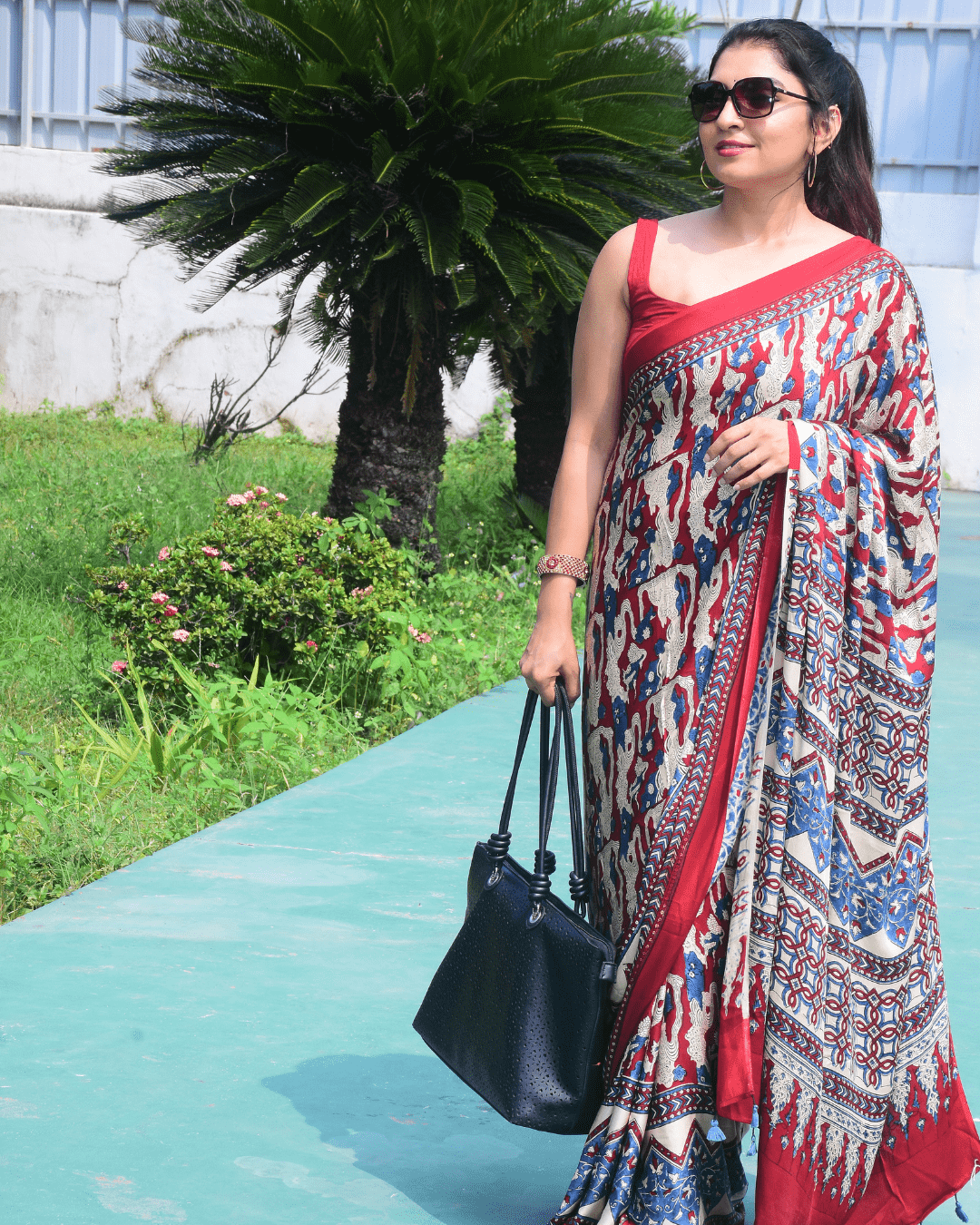 Ajrakh Exclusive Designer Modal Silk in Ivory, Crimson, and Navy with Geometric prints - 031 - indeloom