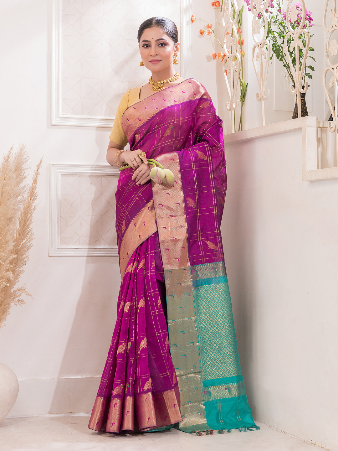 Pure Handloom Korvai Saree | Dark Pink