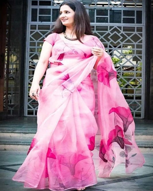 The Hibiscuses Garden Florals in Pink-Organza Hand-painted Saree-012 - Indeloom