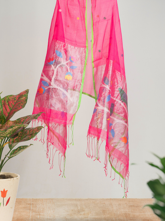 Handwoven Muslin Jamdani Dupatta | Fuchsia Pink