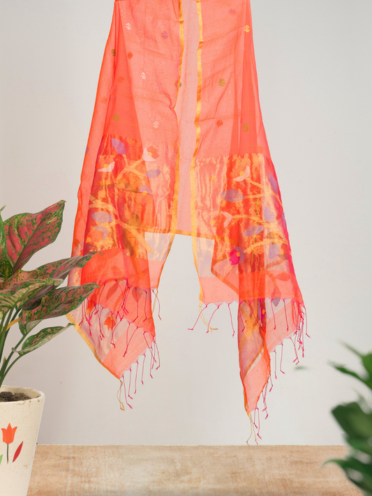 Handwoven Muslin Jamdani Dupatta | Orange