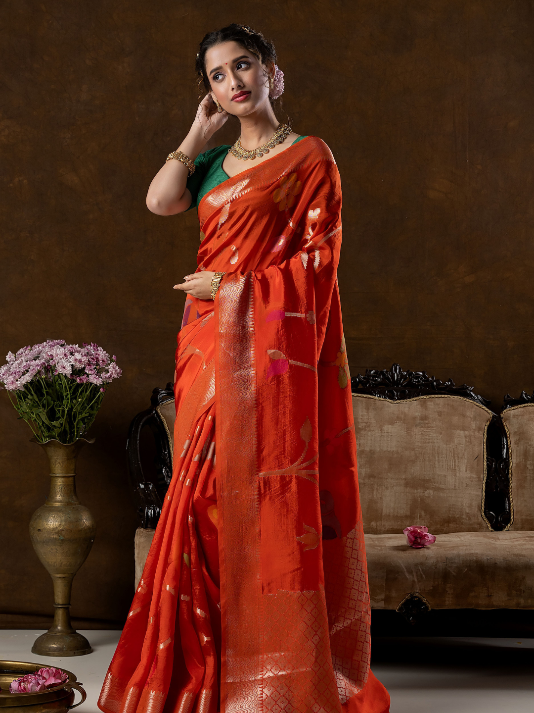 Classic Benarasi Semi Silk Saree | Bright Orange