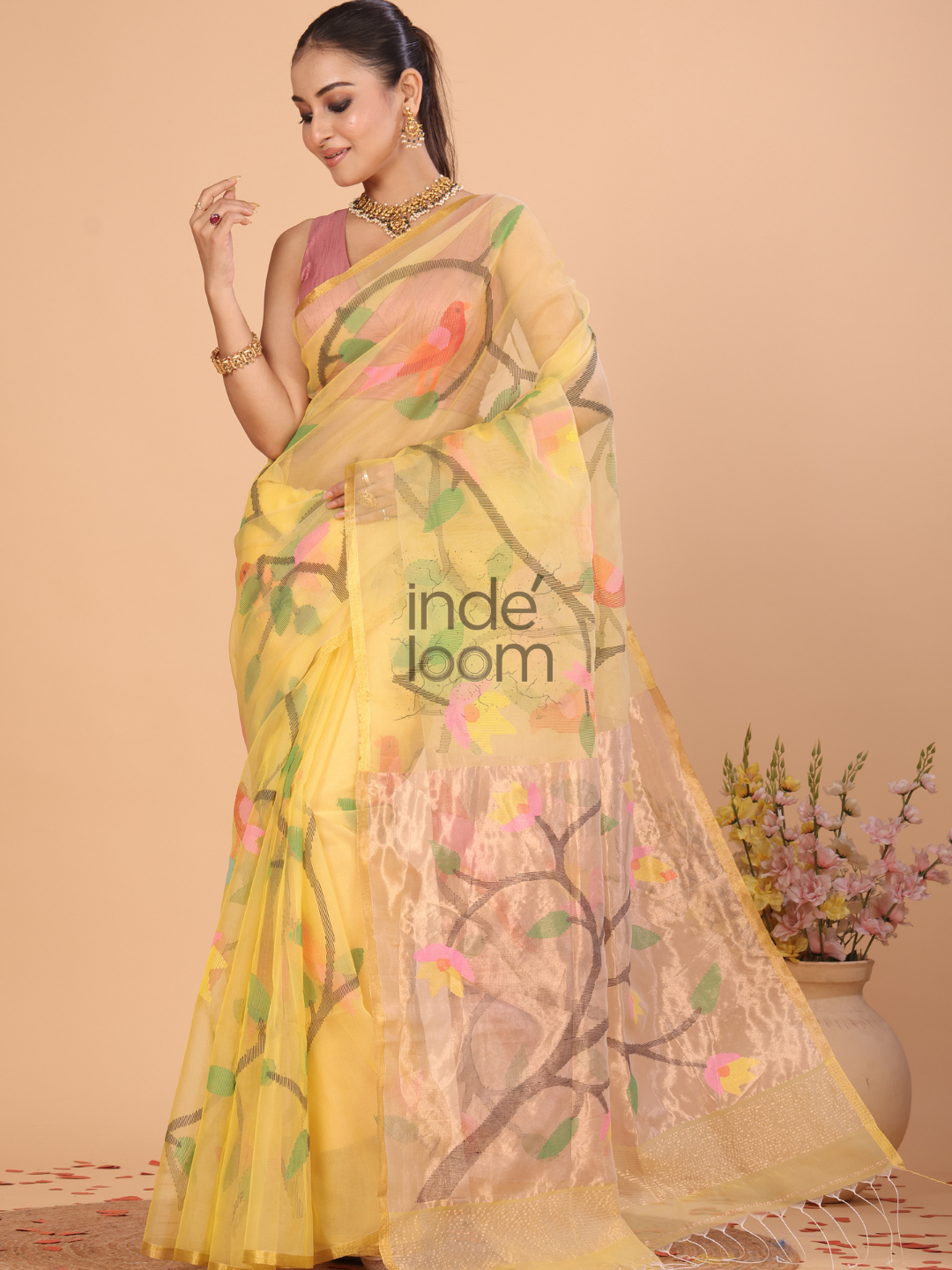 Muslin Tissue Jamdani Saree With Corn Yellow - 126