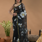 Black Shaded And Flowers  Organza Hand-painted Saree -077