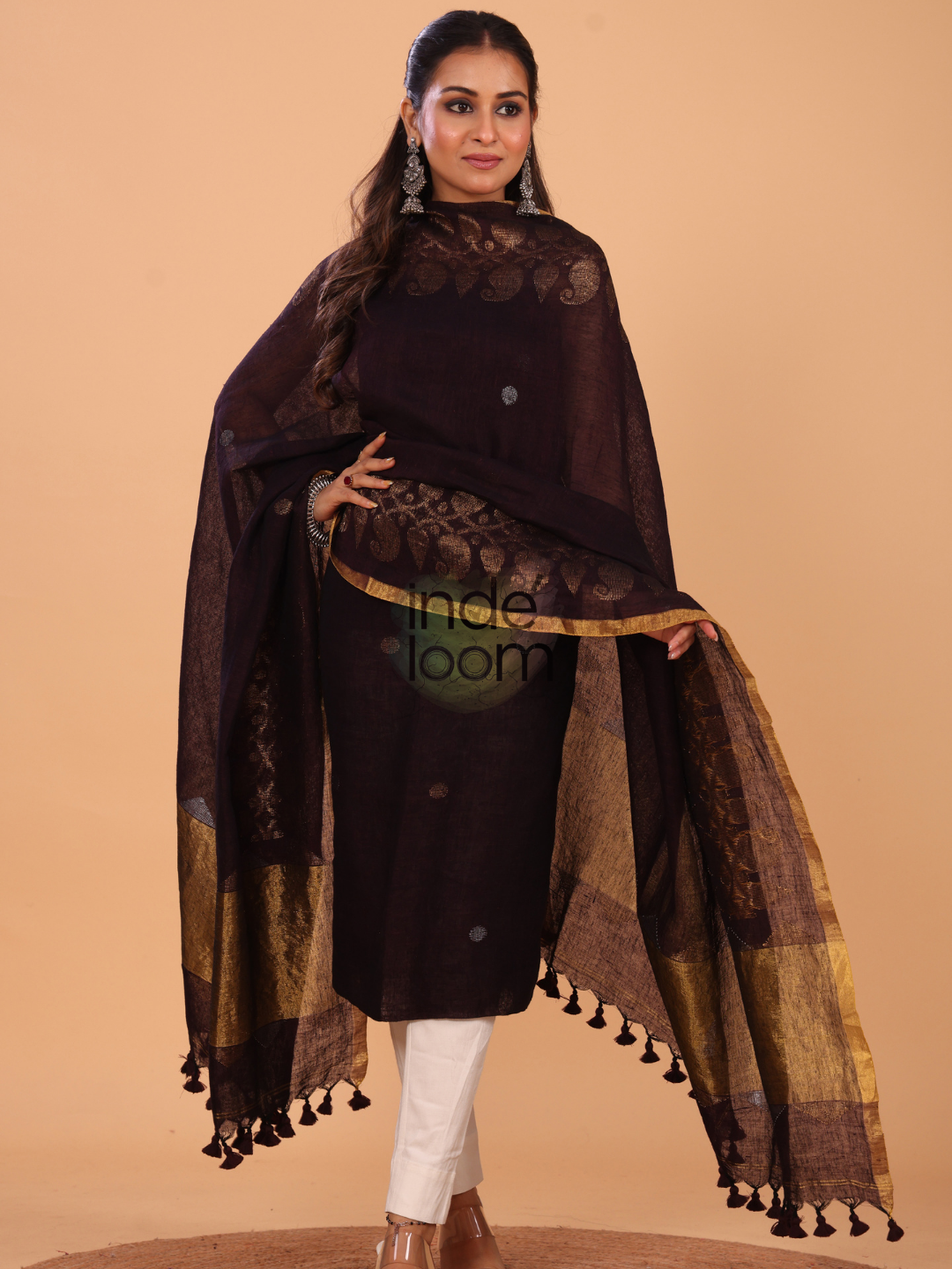 Wine Red Linen Jamdani 2-Piece Set Kurti & Dupatta (UNSTITCHED) - 060
