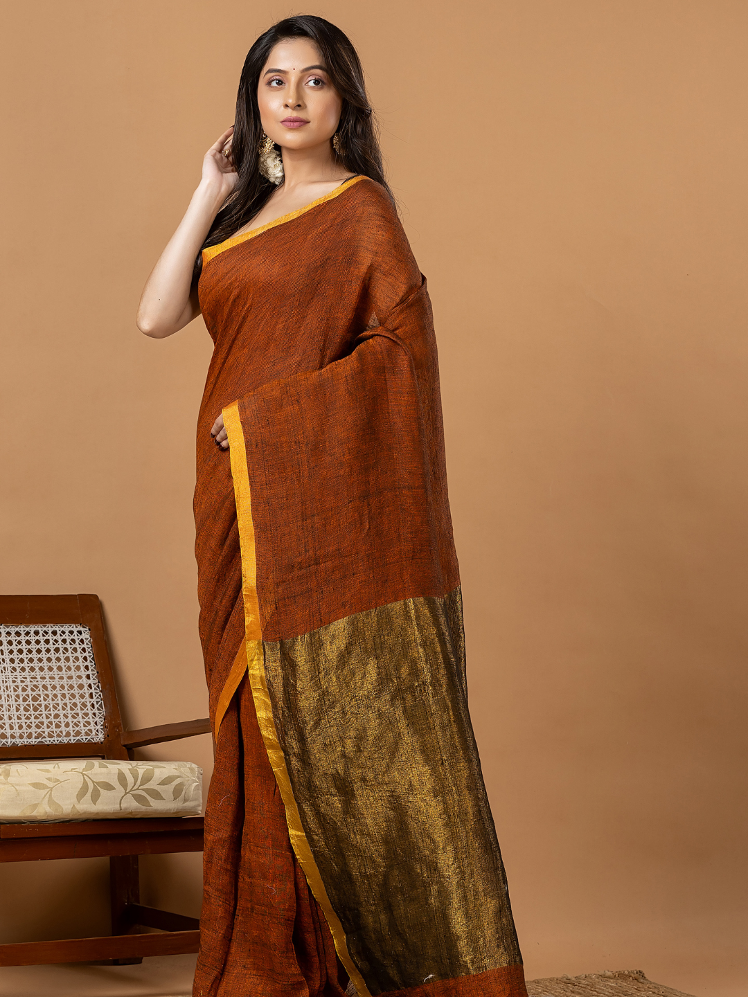Pure Handloom Linen Saree | Rust Brown