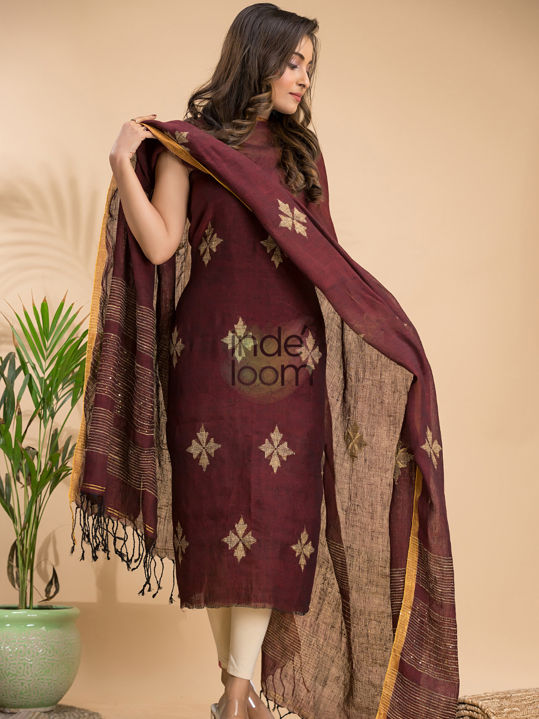 Marron Linen X Linen 2-Piece Set Kurti & Dupatta (UNSTITCHED) - 019