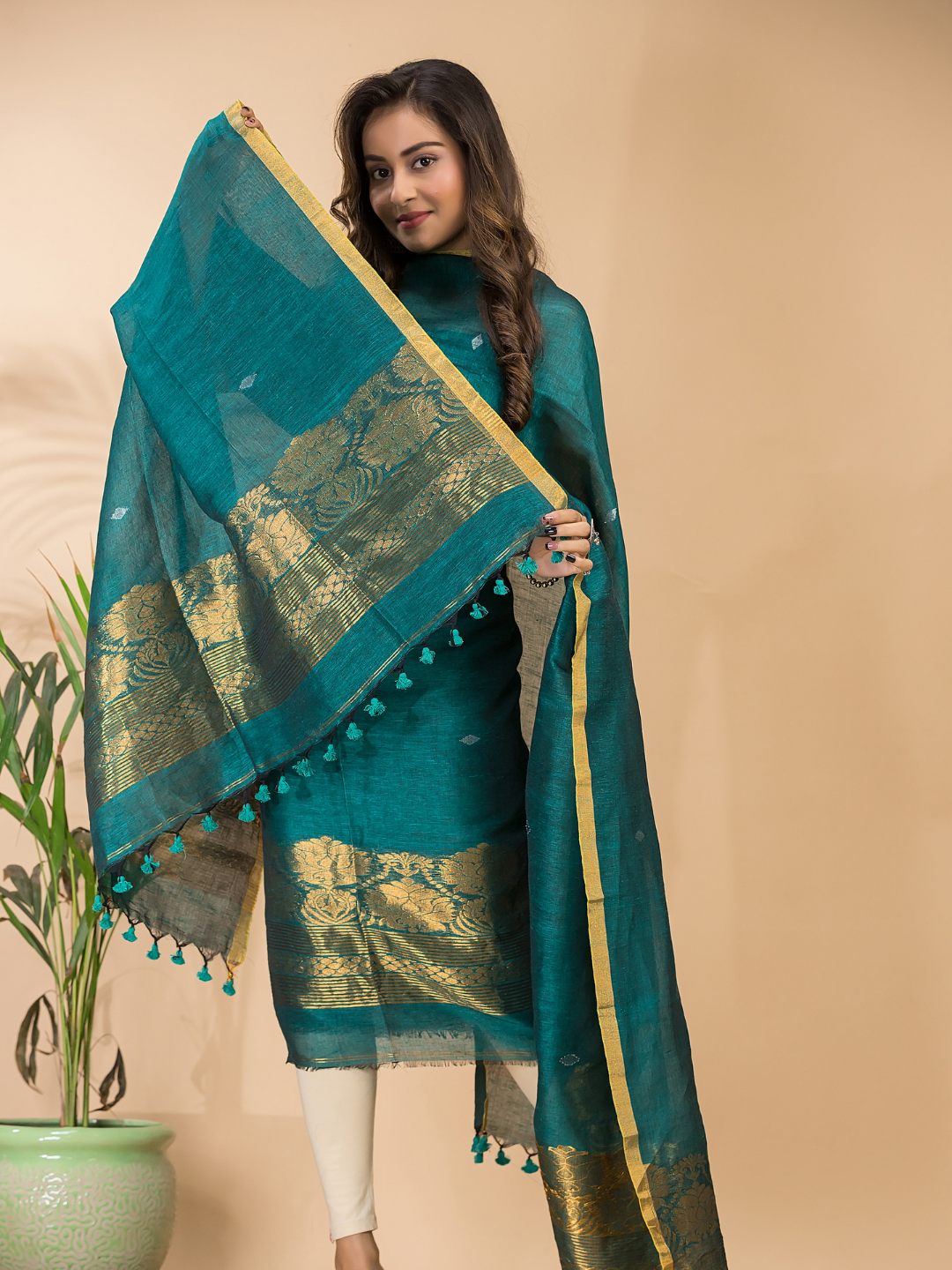 Teal Green | Handloom Jamdani Linen Unstitched 2-Piece Kurti