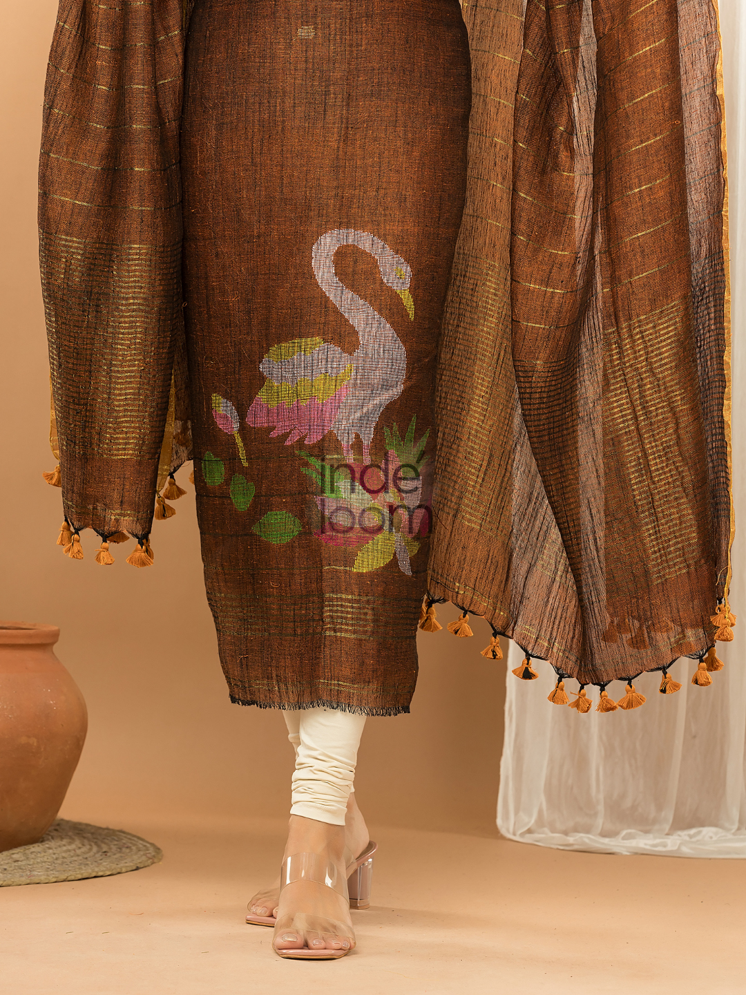 Handloom Jamdani Unstitched 2-Piece Kurti  |  Coffee Brown