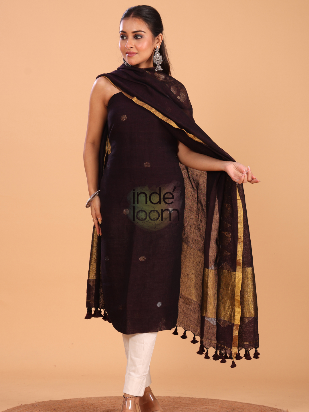 Wine Red Linen Jamdani 2-Piece Set Kurti & Dupatta (UNSTITCHED) - 060