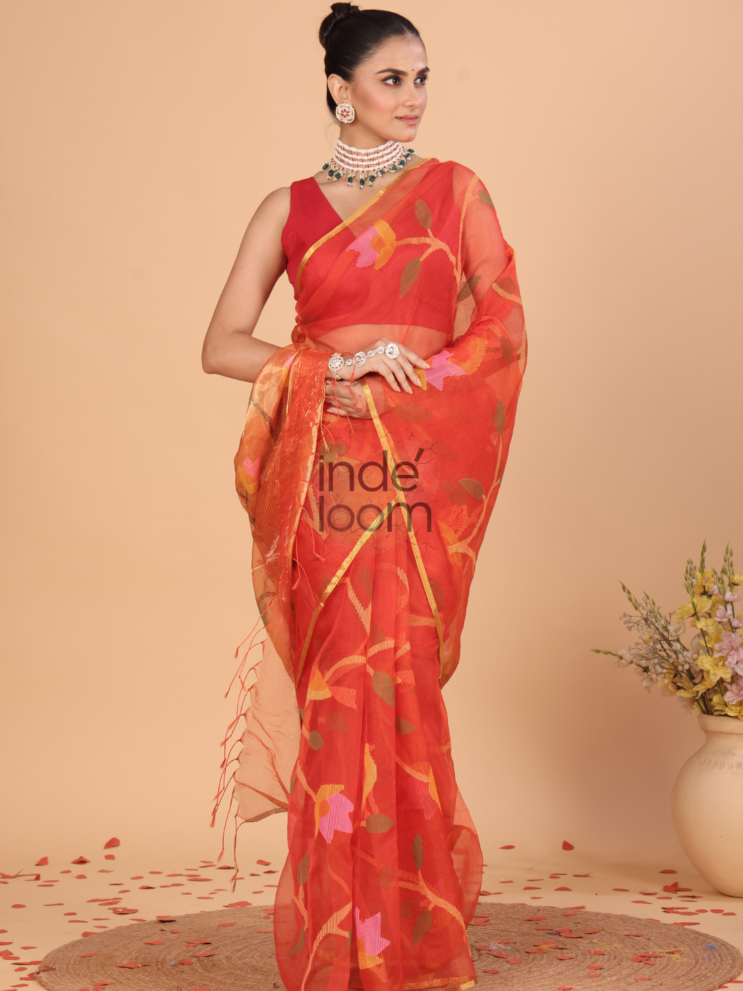 Muslin Tissue Jamdani Saree With Imperial Red - 127