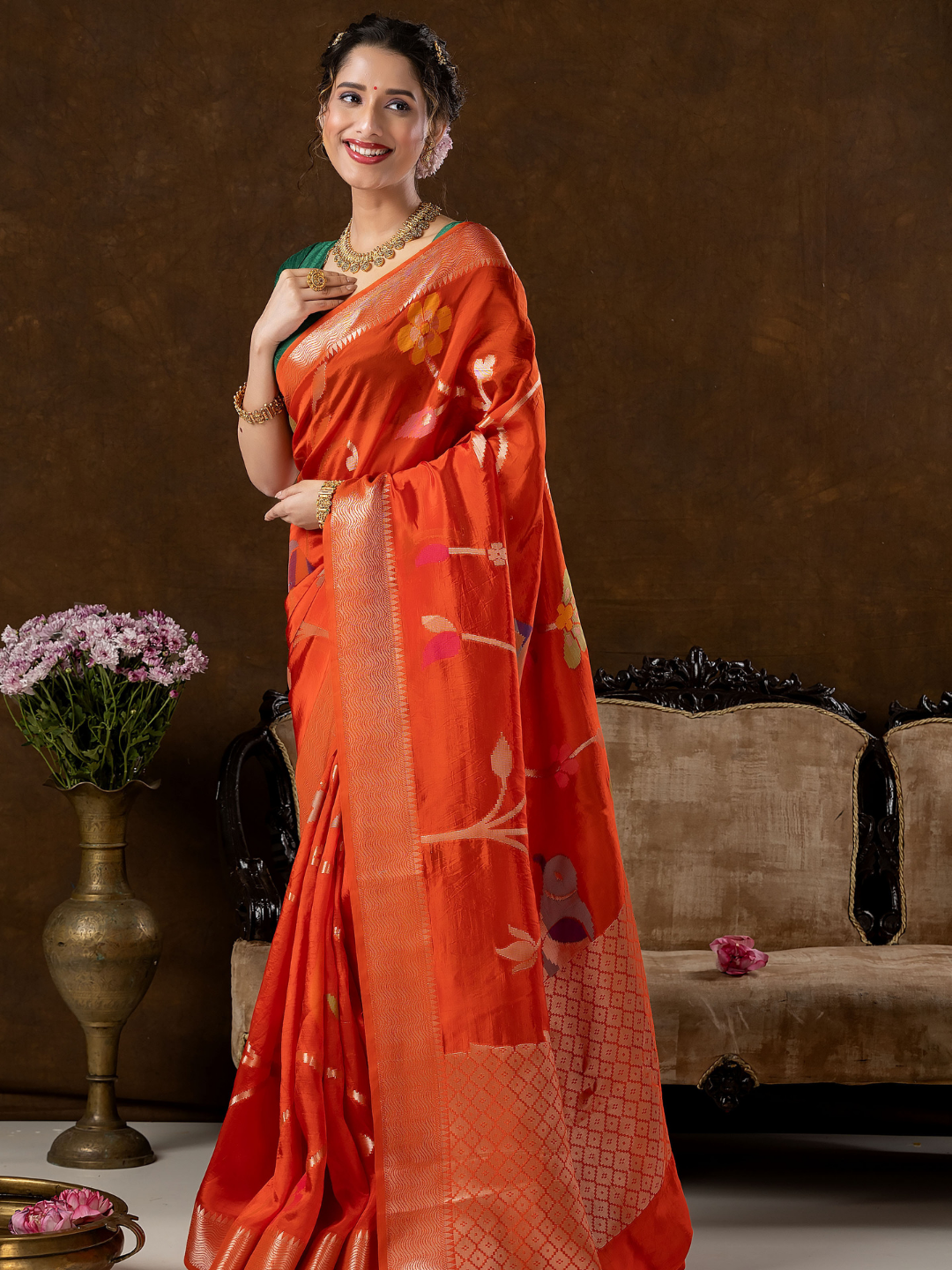 Classic Benarasi Semi Silk Saree | Bright Orange