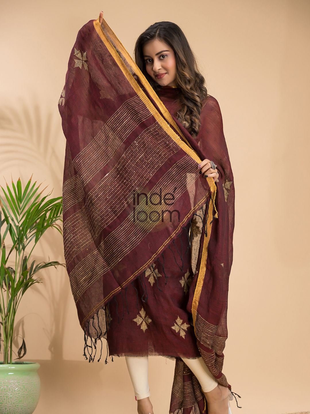 Marron Linen X Linen 2-Piece Set Kurti & Dupatta (UNSTITCHED) - 019