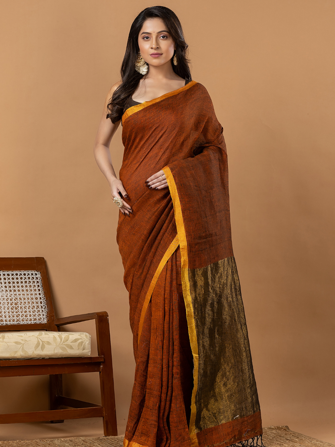 Pure Handloom Linen Saree | Rust Brown
