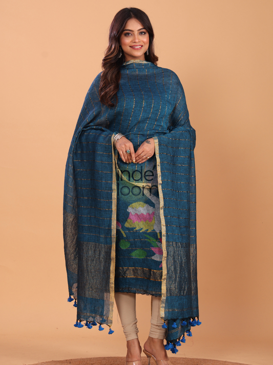 Classic Blue Linen Jamdani 2-Piece Set Kurti & Dupatta (UNSTITCHED) - 074