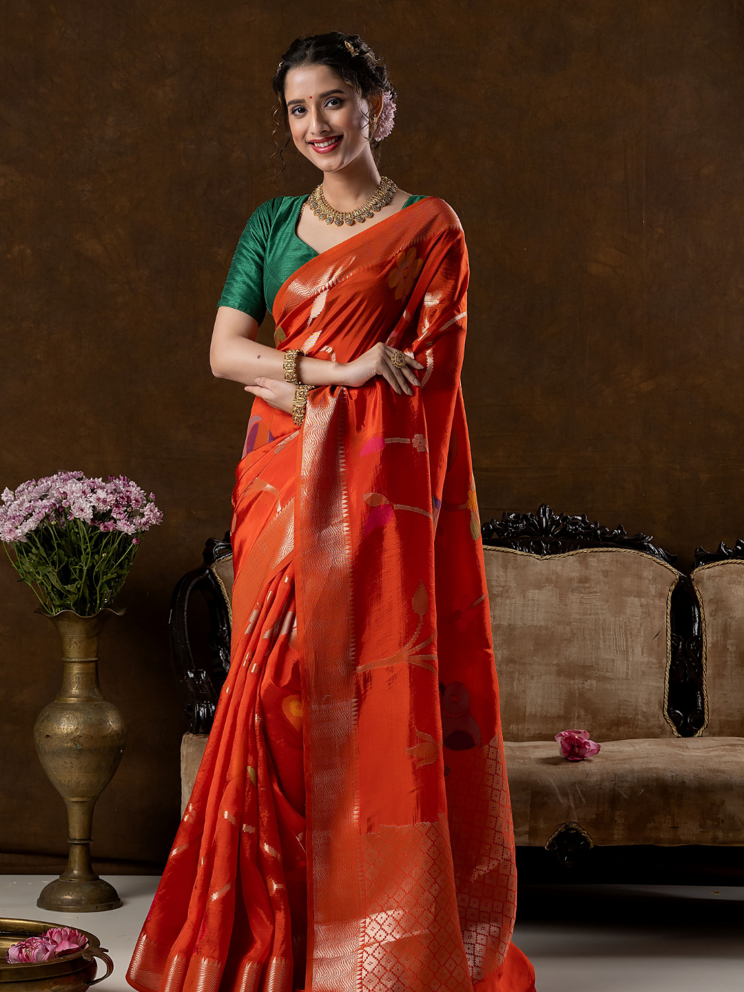 Classic Benarasi Semi Silk Saree | Bright Orange