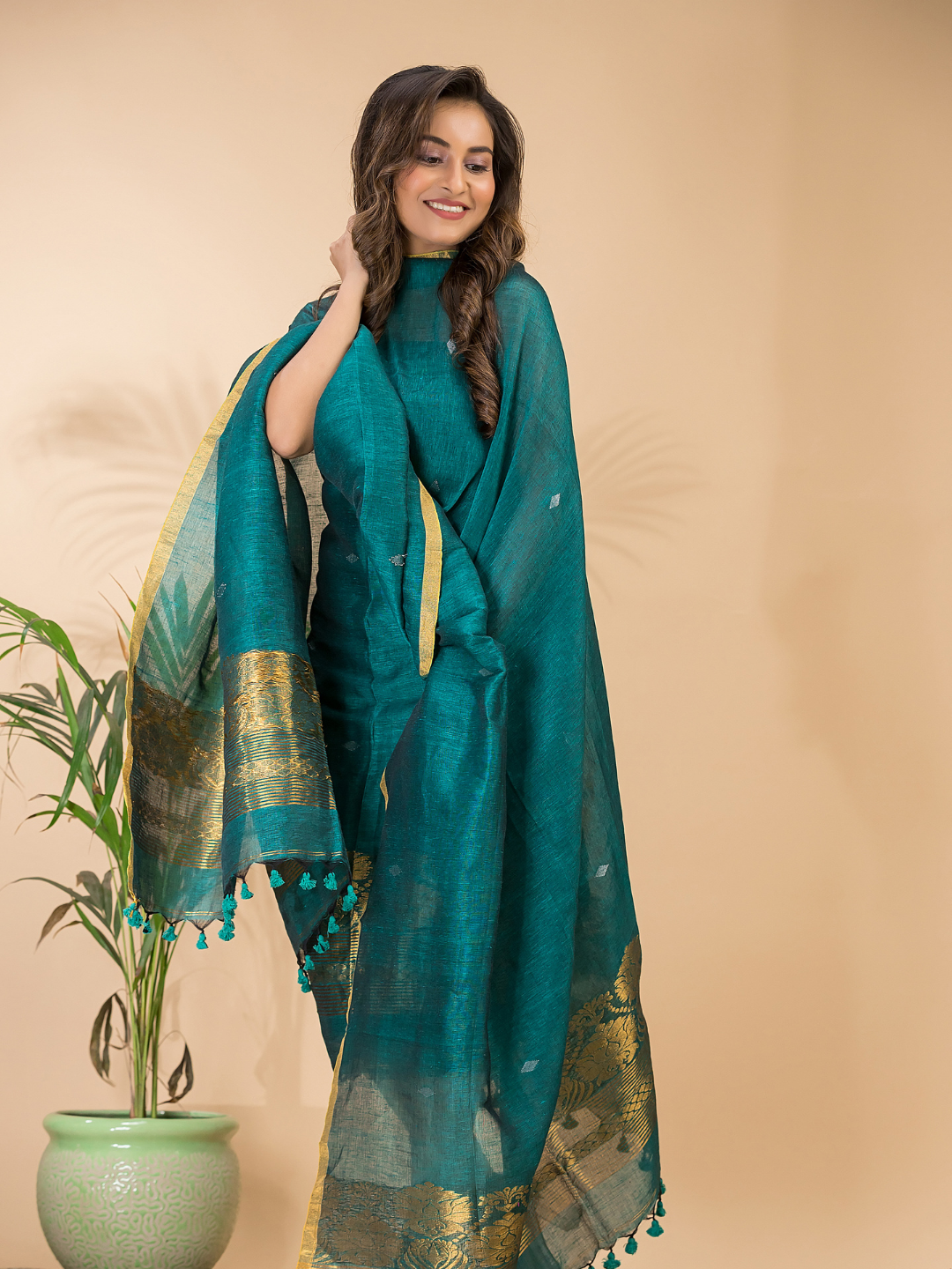Teal Green | Handloom Jamdani Linen Unstitched 2-Piece Kurti
