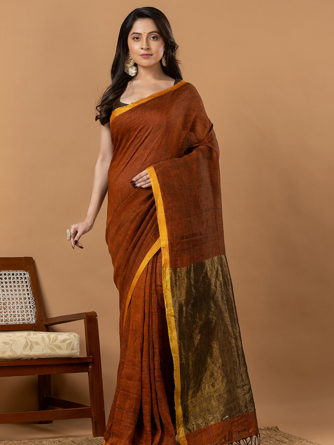 Pure Handloom Linen Saree | Rust Brown