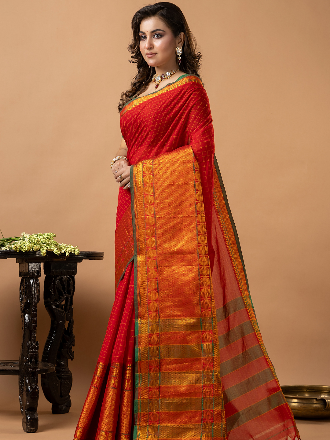 Traditional Narayanpet Cotton Saree | Classic Red