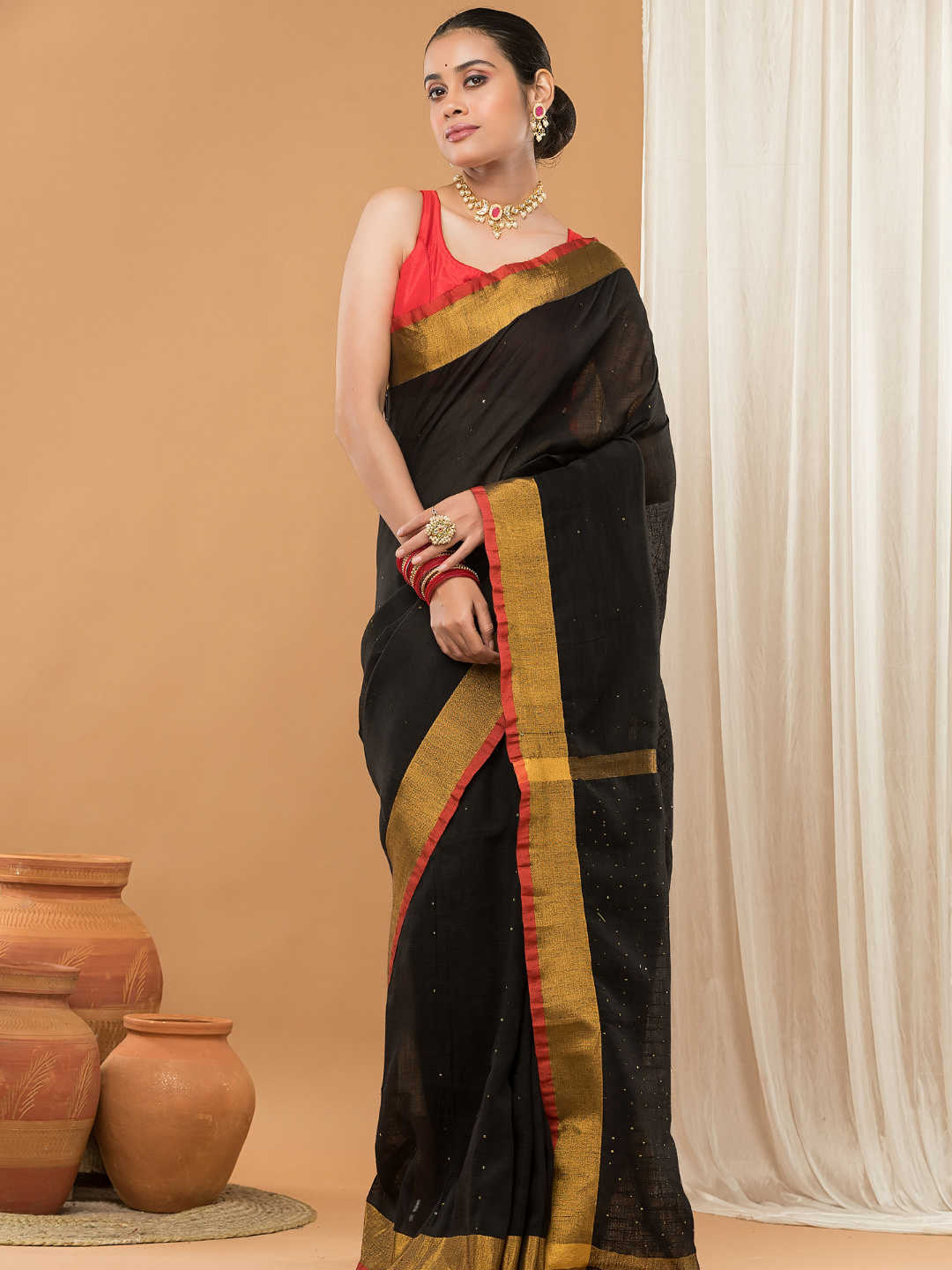 Linen Sequin Jamdani Saree With Super Black -004