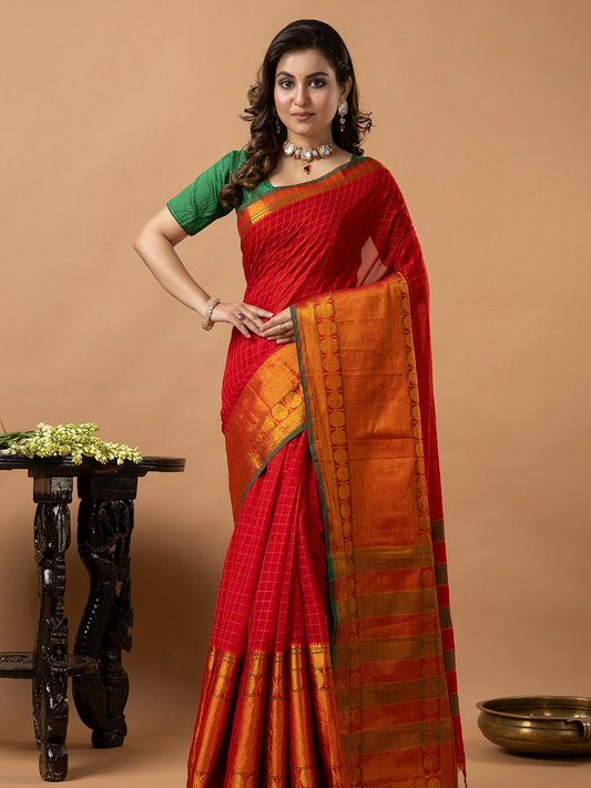 Traditional Narayanpet Cotton Saree | Classic Red