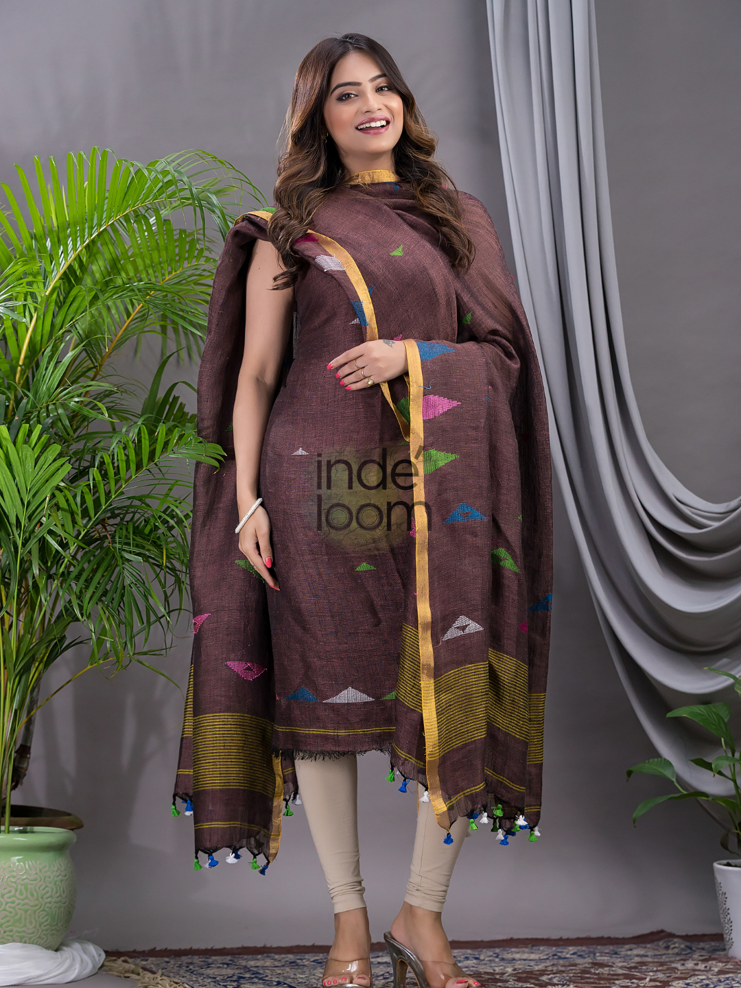 Deep Brown Linen X Linen 2-Piece Set Kurti & Dupatta (UNSTITCHED) - 119